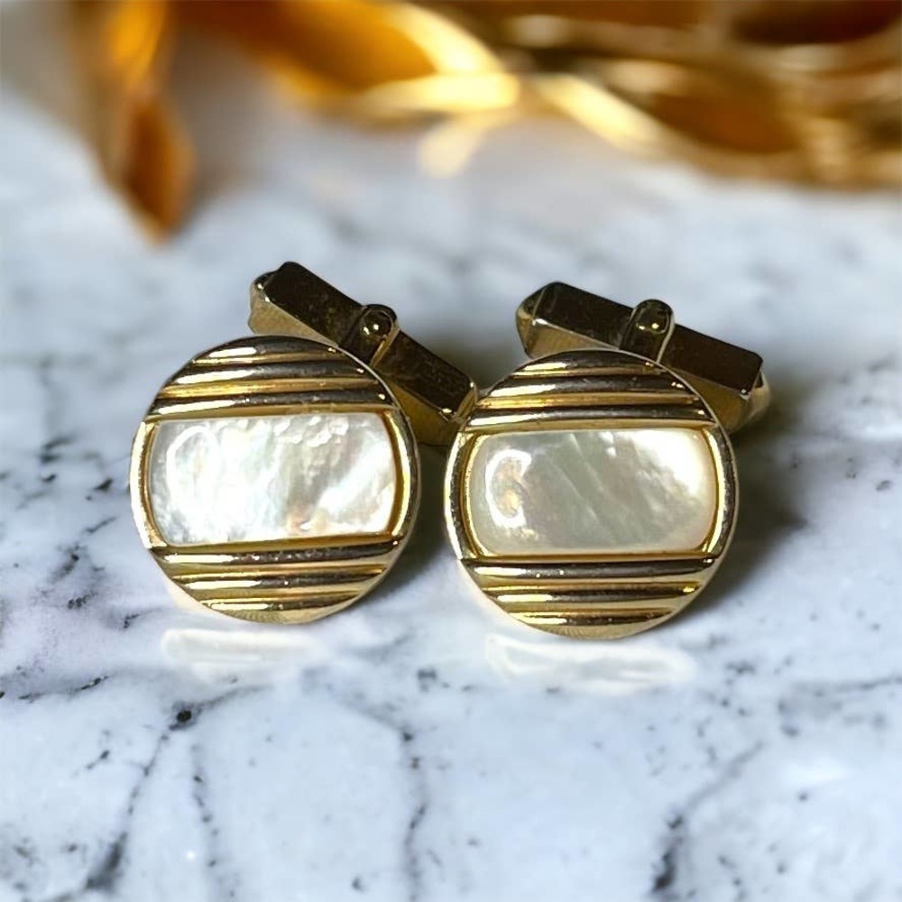 Swank Vintage Cufflinks Gold Tone Mother of Pearl Art Deco